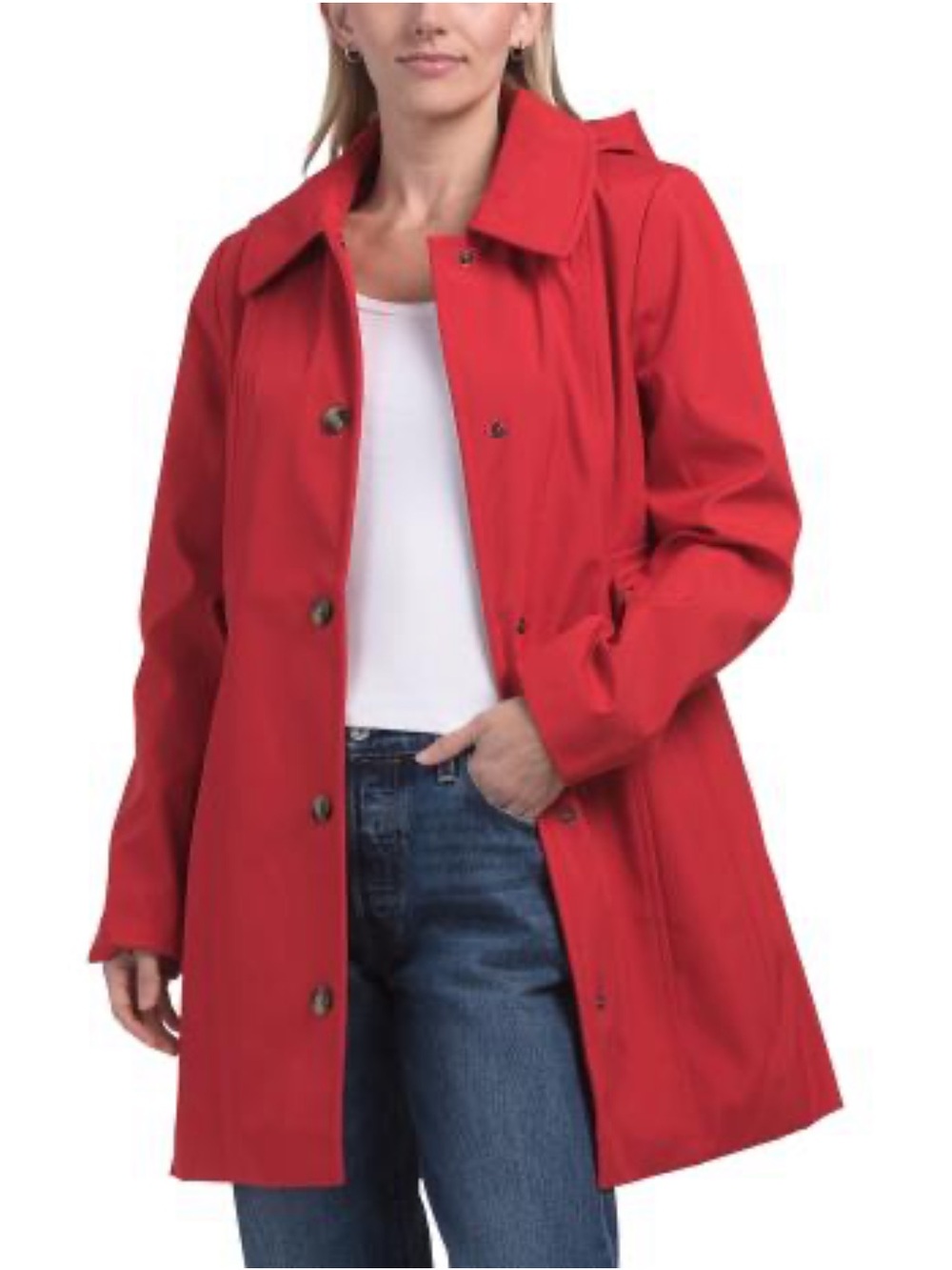 Anne Klein red coat jacket rain pea coat trench hooded